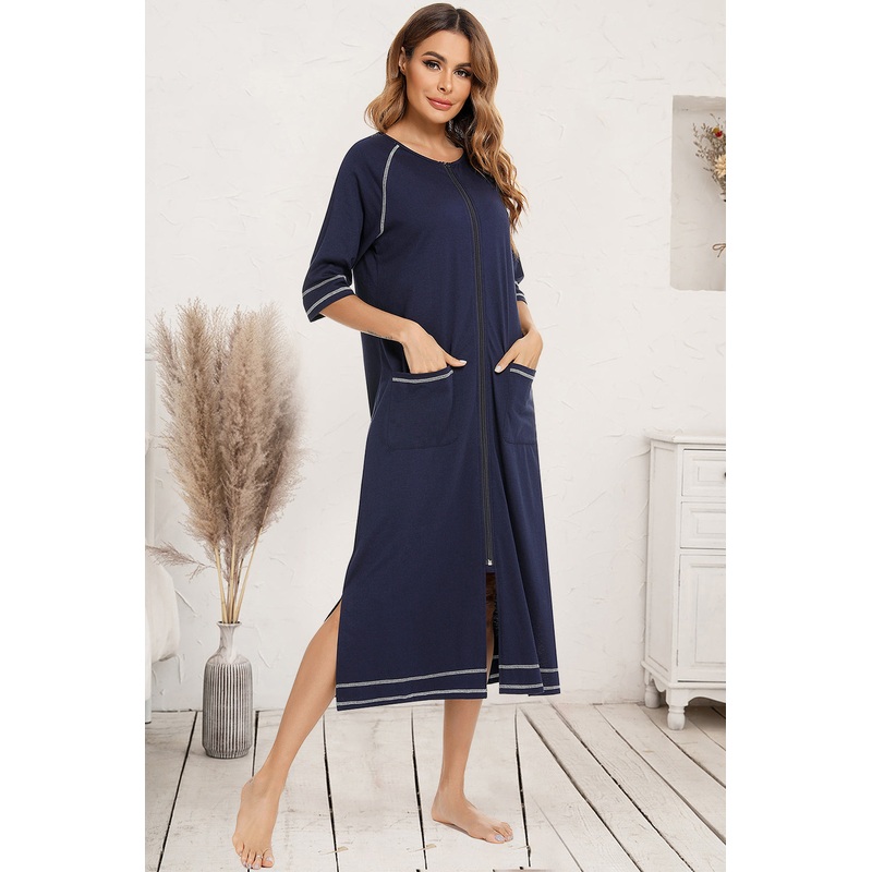 Zip Up Slit Round Neck Night Dress with Pockets Dark Navy S