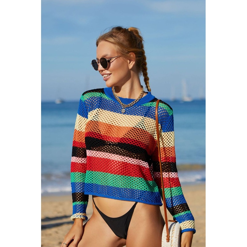 Angel Wings Rainbow Stripe Openwork Long Sleeve Cover-Up Roral Blue S