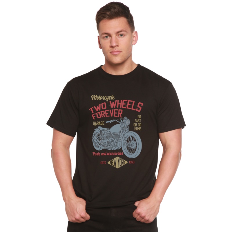 Two Wheels Forever Men’s Bamboo Viscose/Organic Cotton Short Sleeve Graphic T-Shirt Medium Black