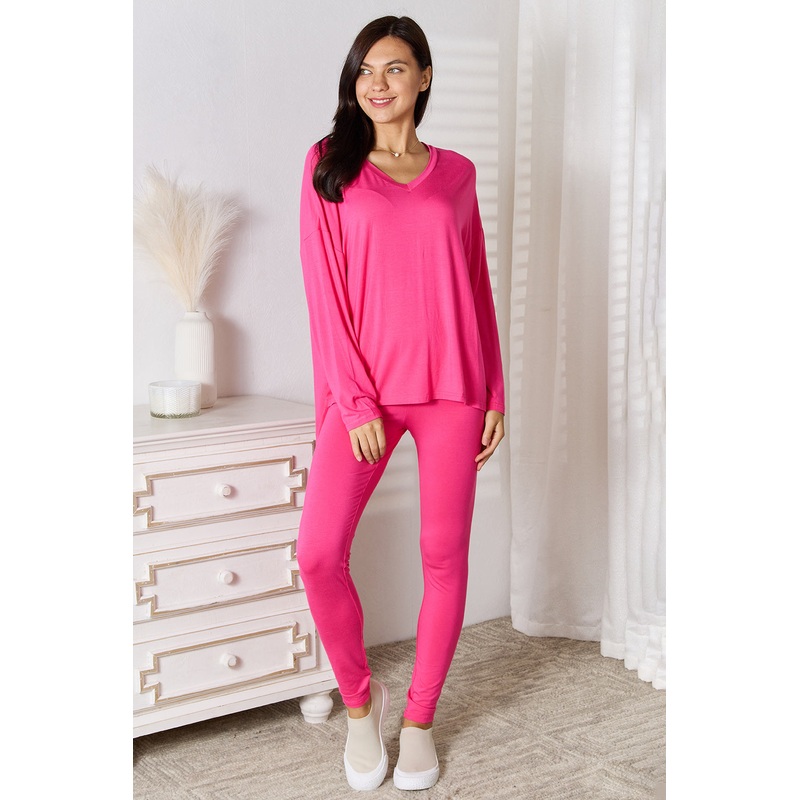 Basic Bae Full Size V-Neck Soft Rayon Long Sleeve Top and Pants Lounge Set Hot Pink S