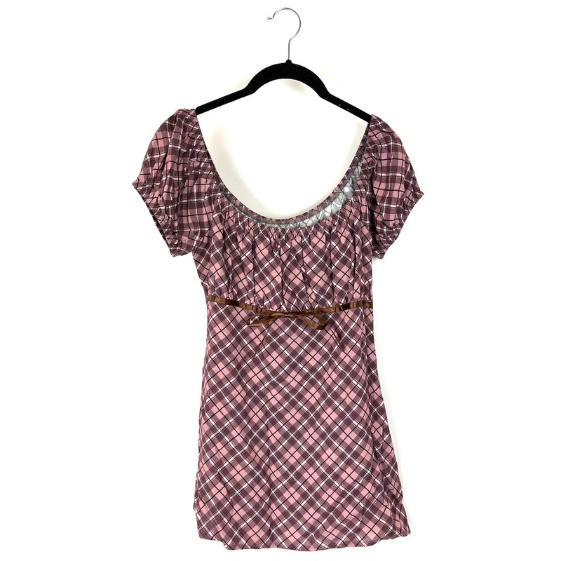 Pink And Brown Plaid Puffed Sleeve Top – Size 4/6