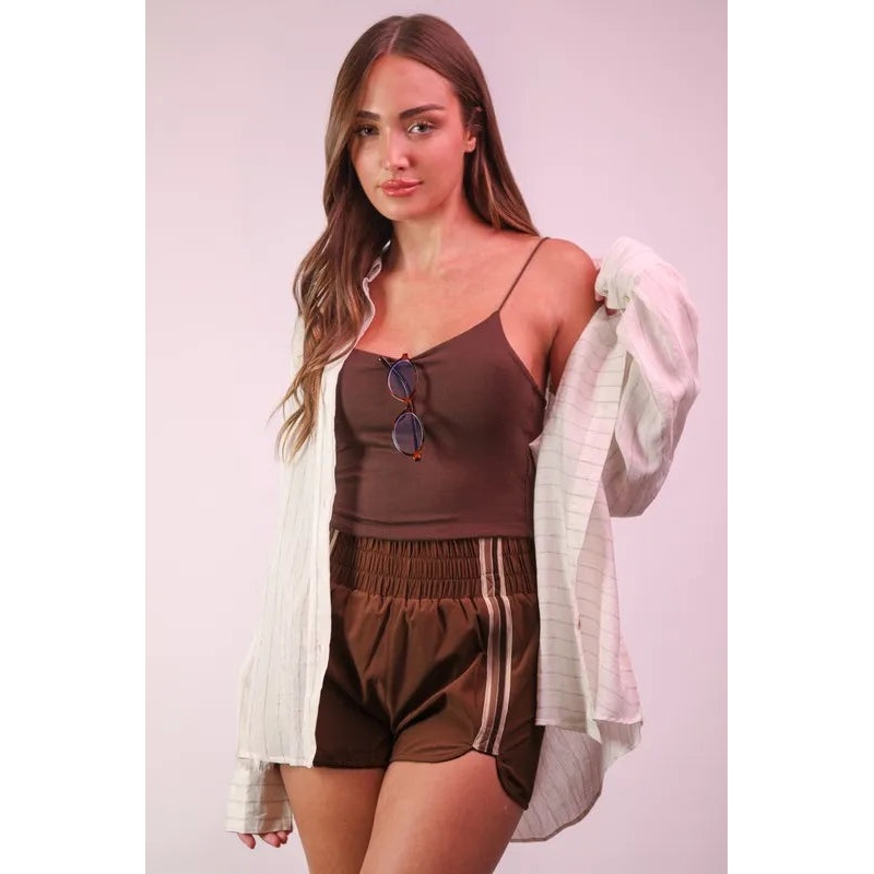 VERY J Striped Trim Detail Activewear Shorts Mocha S