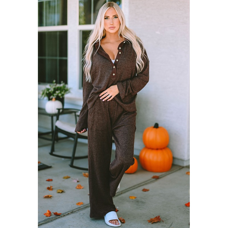 Buttoned Long Sleeve Top and Long Pants Lounge Set Brown S