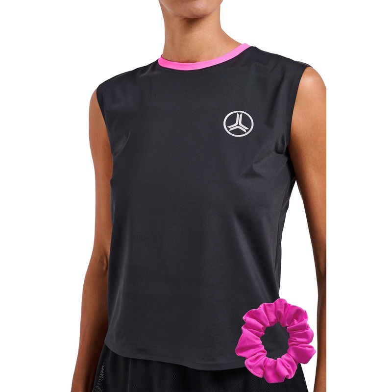 SET WOMENS SLEEVELESS RINGER TENNIS TOP & SCRUNCHIE NERO-NEON PINK XXS