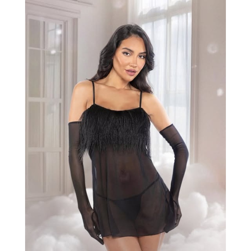 Amelia 2-Piece Feather Babydoll Black Small