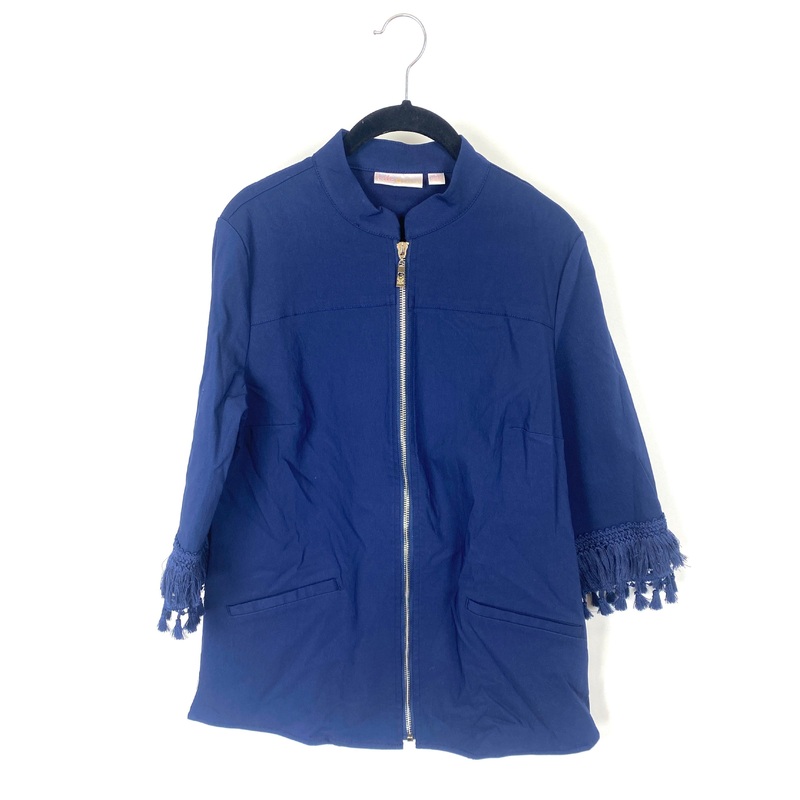 Navy Zip-Up Top with Tasseled Sleeves – Small/Medium