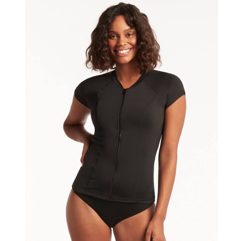 Sea Level Eco Essentials Short Sleeved A-DD Cup Rash Vest – Full Zipper – Black 4
