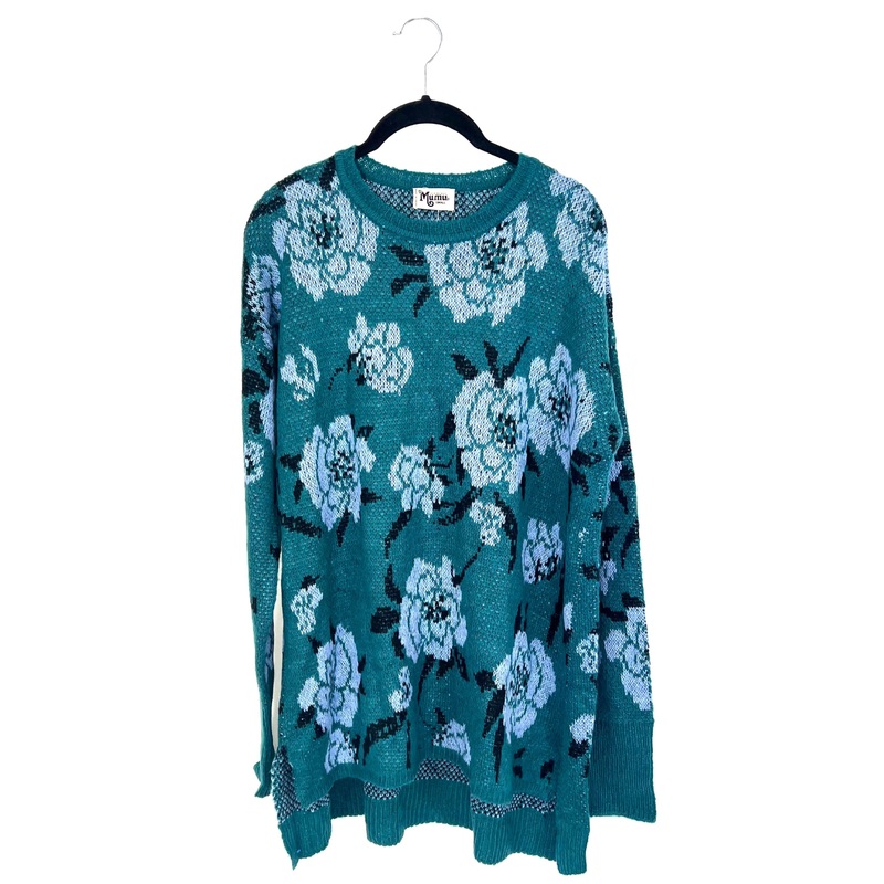 Teal Floral Print Sweater – Small