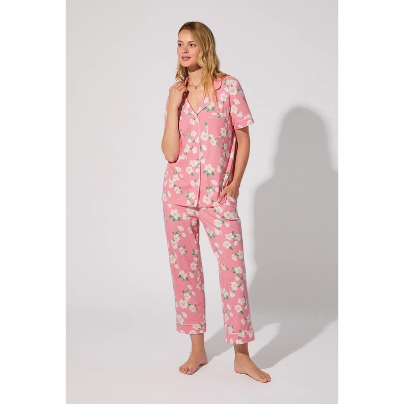 Bedhead Shortsleeve Cropped PJ Set Pink Magnolias Small Pink Magnolias