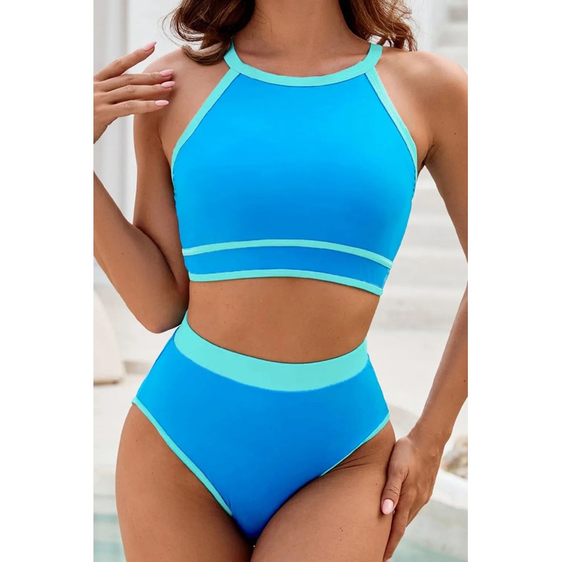 Crisscross Round Neck Two-Piece Swim Set Sky Blue S