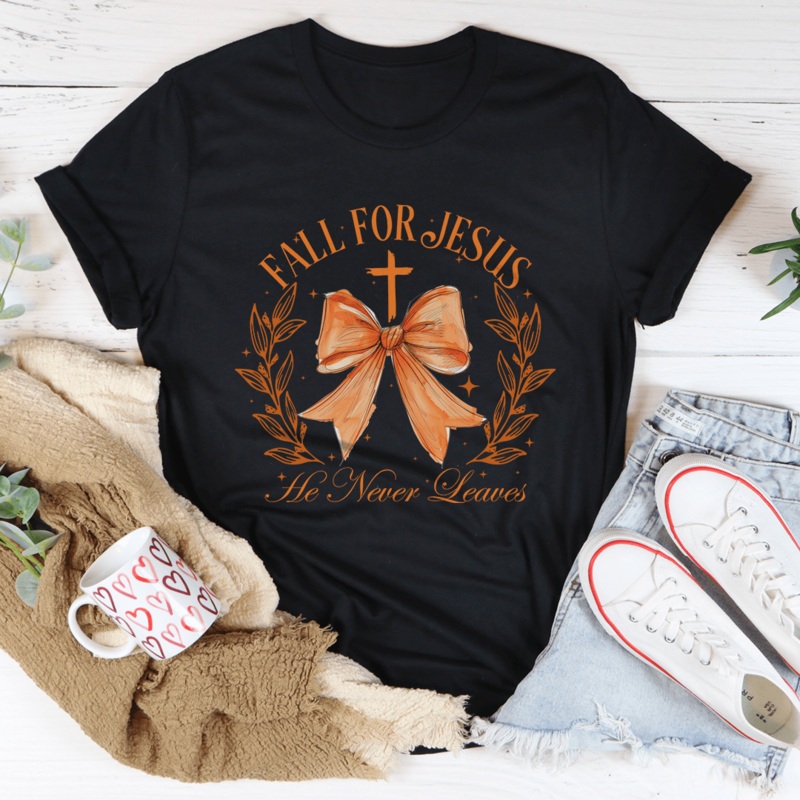 Fall For Jesus He Never Leaves Tee Black Heather S