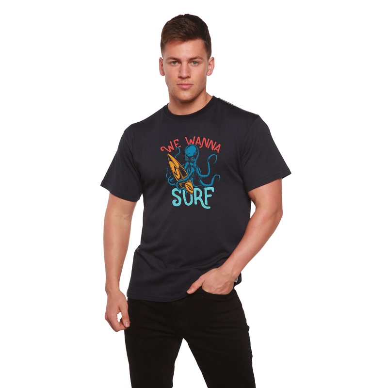 We Wanna Surf Men’s Bamboo Viscose/Organic Cotton Short Sleeve Graphic T-Shirt Medium Black