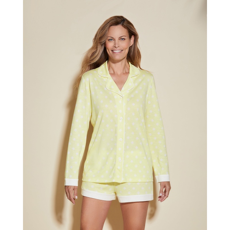Bedrucktes Langrmeliges Top & Boxer Pyjama-Set Diamond Moignonette/White XS