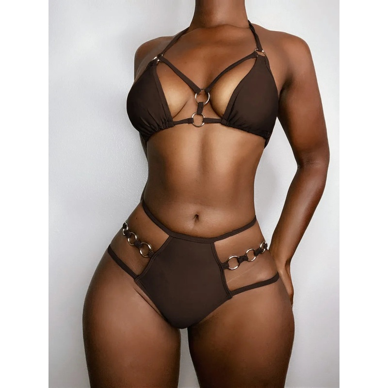 Cutout Halter Neck Two-Piece Bikini Set Chocolate S