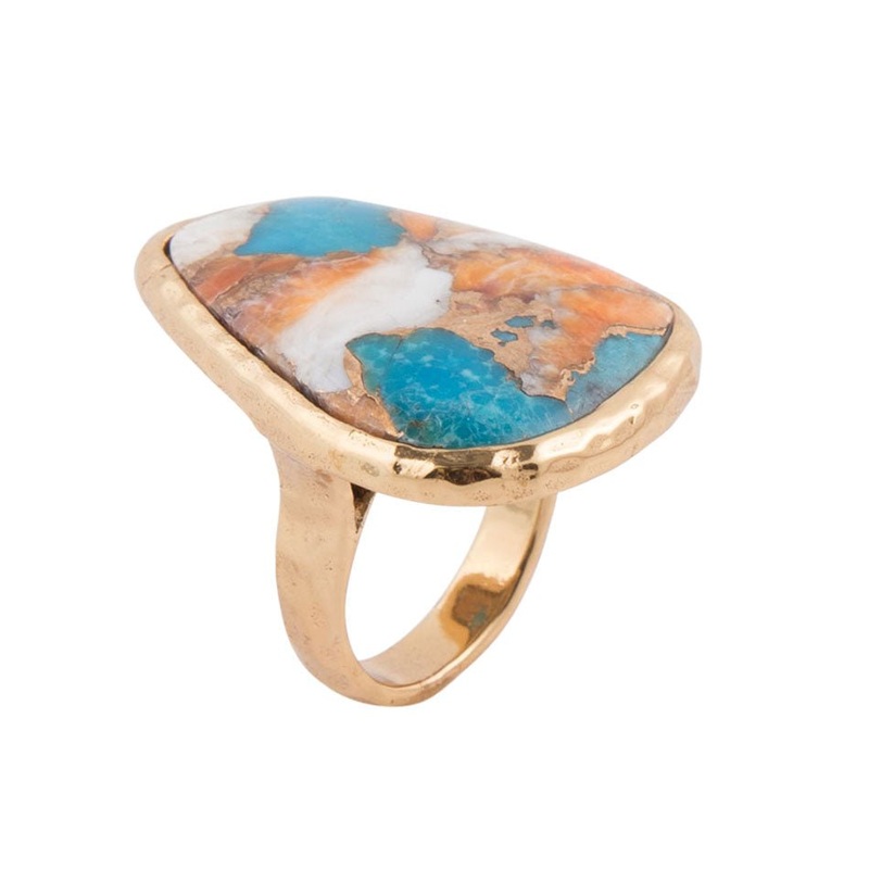 Orange Spiny Oyster and Blue Turquoise Matrix Abstract Golden Ring 5