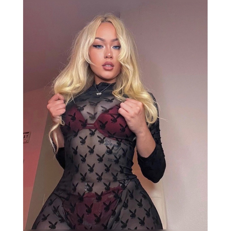 2pc Sheer Playboy Bunny Bodysuit X-Small Black