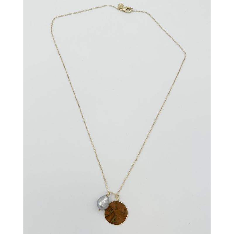 Gold Necklace with Circular and Pearl-Like Charm