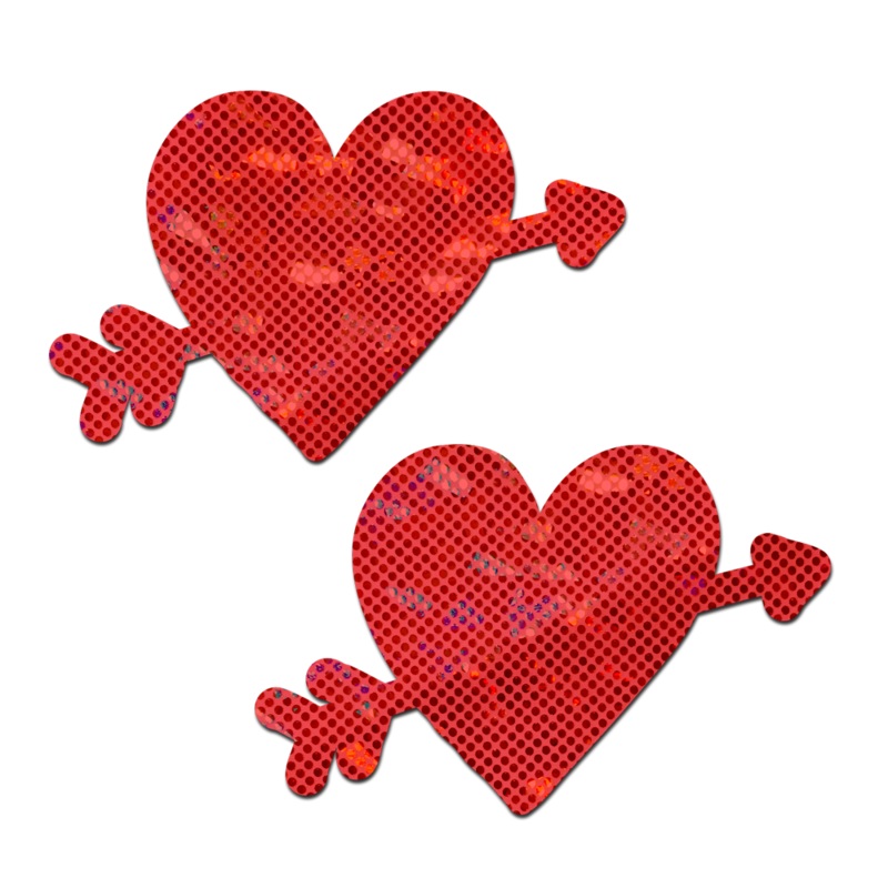 Cupid’s Arrow Red Heart Breast Pasties in Sparkly Disco Red by Pastease