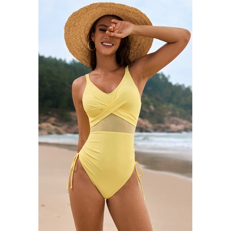 Drawstring Ruched V-Neck One-Piece Swimwear Light Yellow S