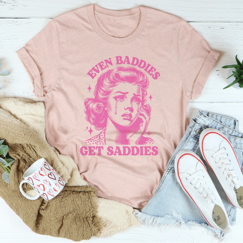 Even Baddies Get Saddies Tee Heather Prism Peach S