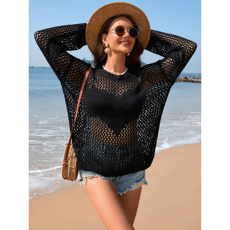 Heart Openwork Long Sleeve Cover-Up Black S