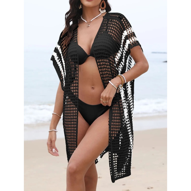 Open Front Contrast Openwork Cover-Up Black One Size