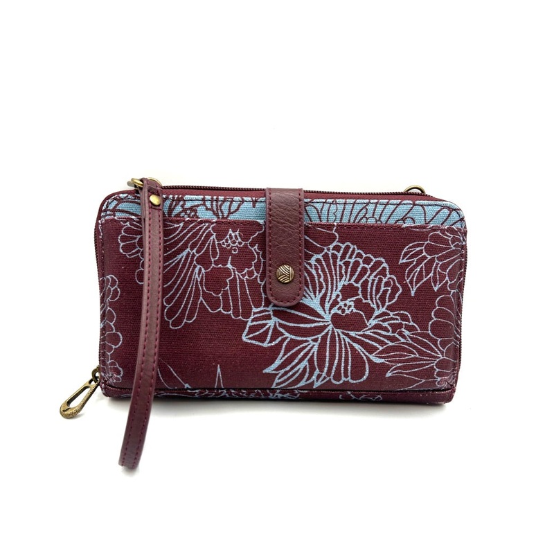 Burgundy Floral Pattern Crossbody Bag / Wristlet