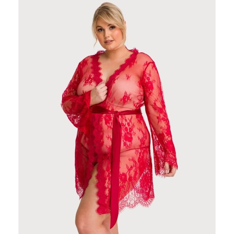 Curvy All Over Lace Long Sleeve Short Robe Sleepwear with Thong – Red 12-14