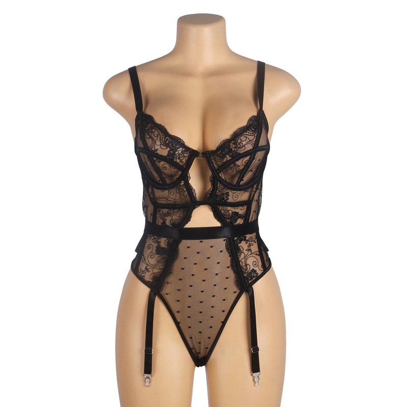 Embroidered Lace Cut Lingerie Teddy Black Small