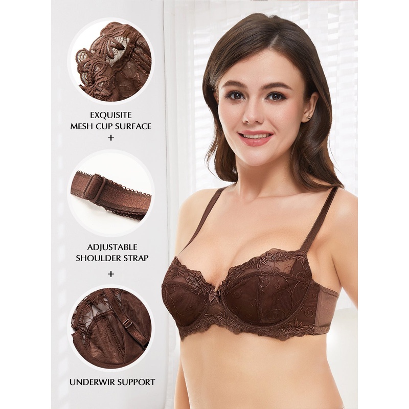 See Through Mesh Cups Non-pads Embroidered Bra Chocolate Brown 34C/75C