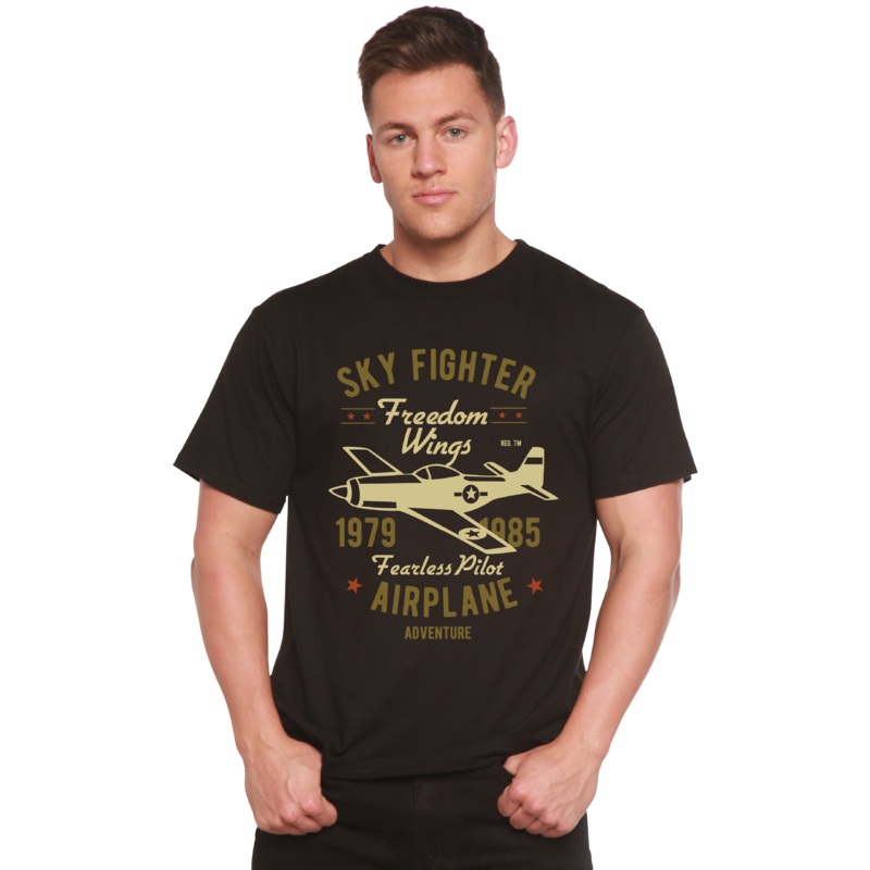 Sky Fighter Spun Bamboo Men’s Bamboo Viscose/Organic Cotton Short Sleeve Graphic T-Shirt Medium Black
