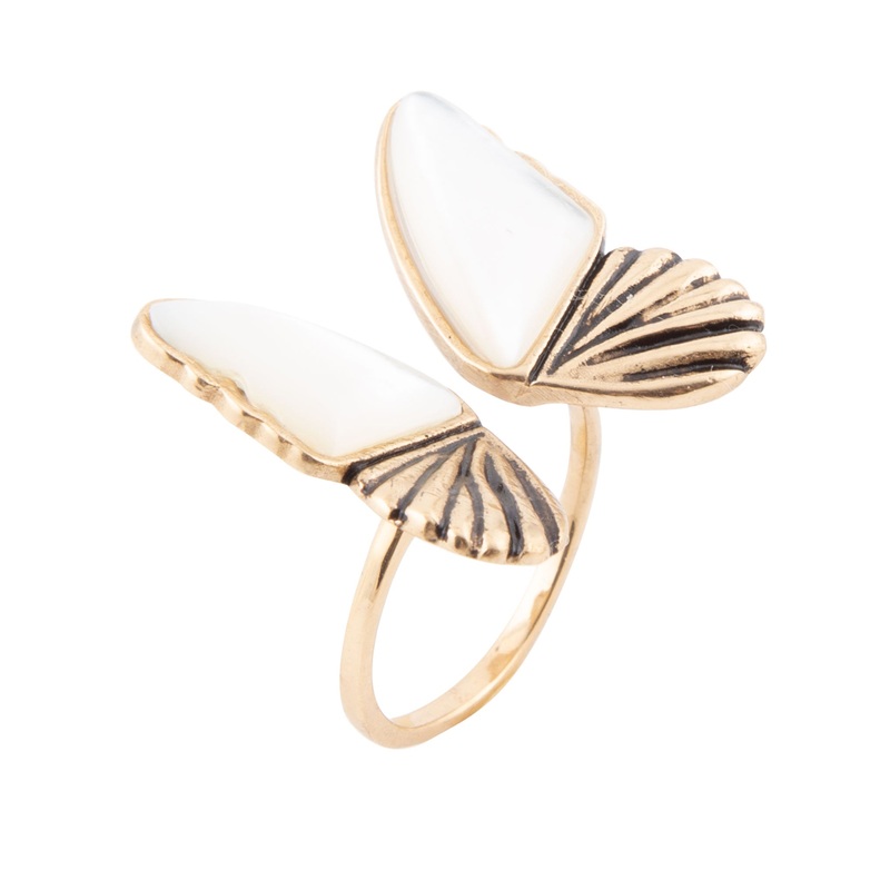 White Mother of Pearl Golden Butterfly Statement Ring 7