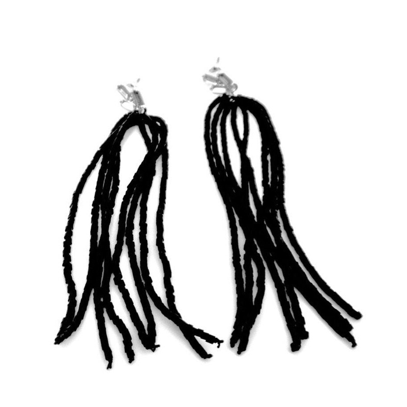 Black Beaded Tassel Earrings