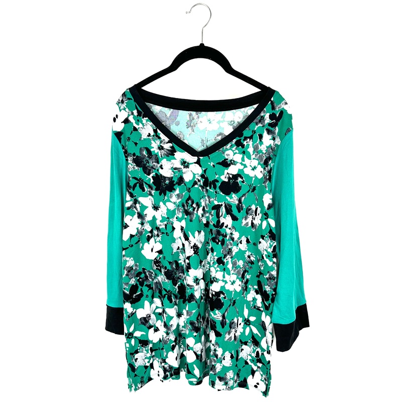 Green Floral V-Neck Top – Small