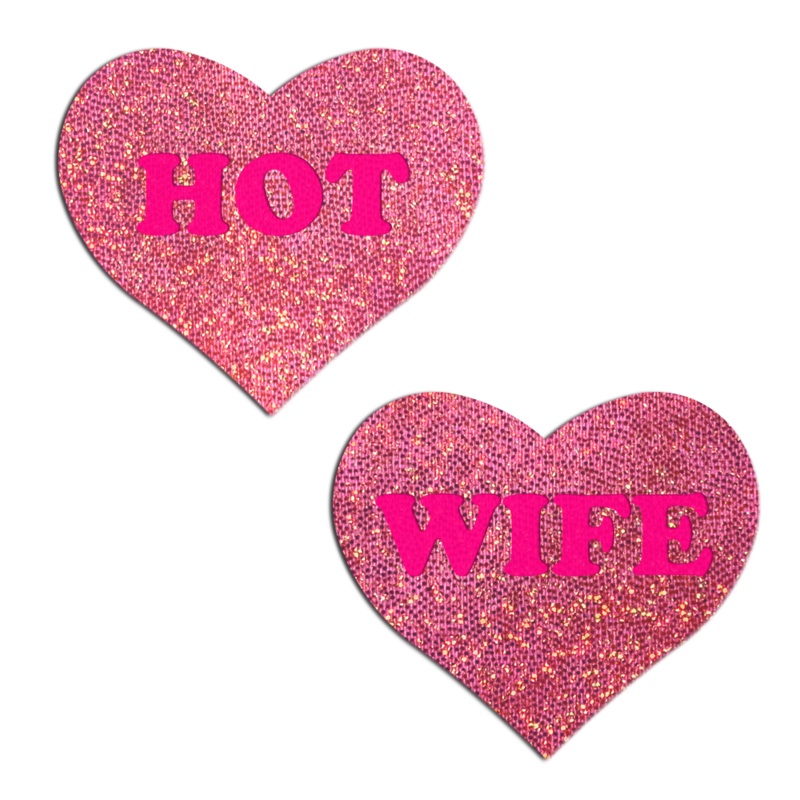 Love: Glitter Pink ‘HOT WIFE’ Heart Nipple Pasties by Pastease Pink