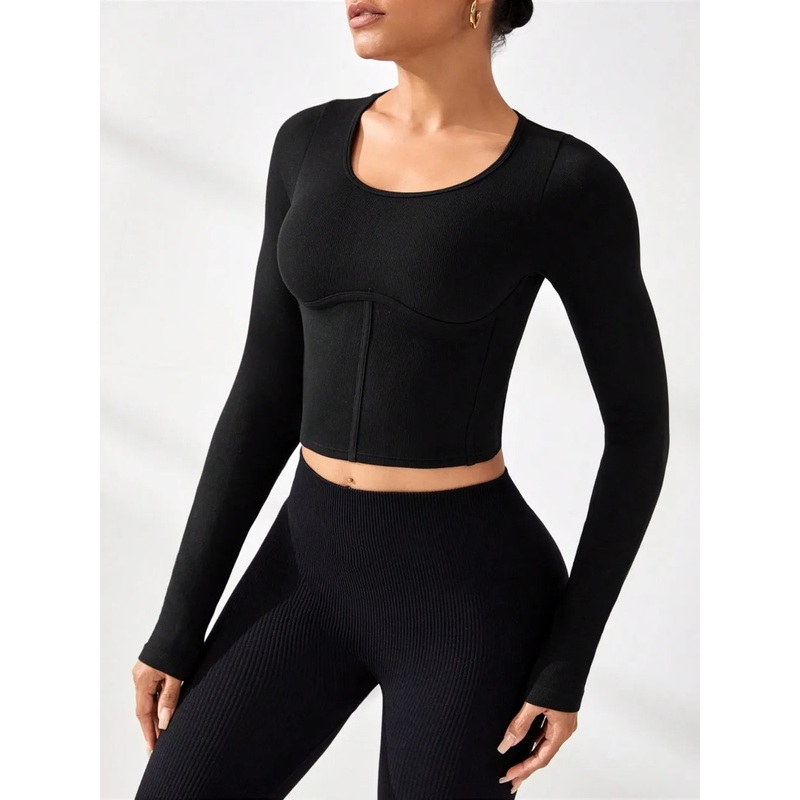 Round Neck Long Sleeve Active T-Shirt Black S