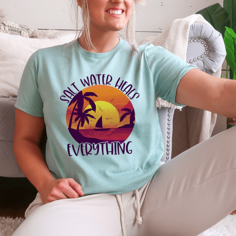 Salt Water Heals Everything Tee Heather Prism Dusty Blue S