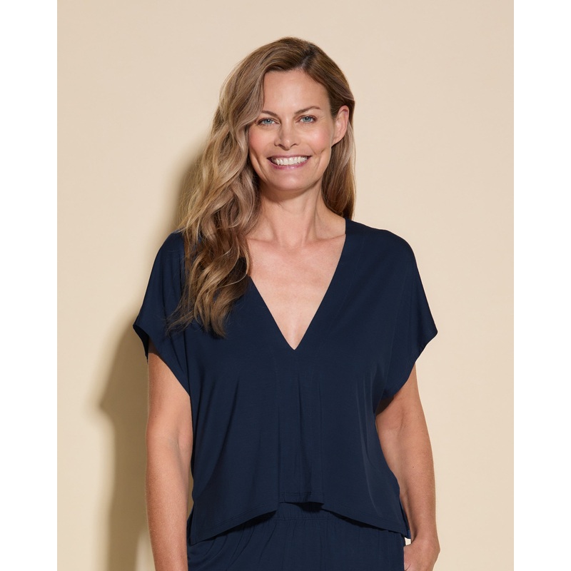 Camiseta Con Doble Escote En V Azul Marino XS