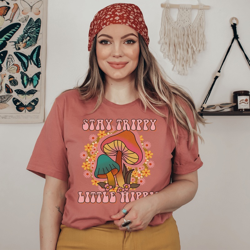 Stay Trippy Little Hippie Mushrooms Tee Mauve S