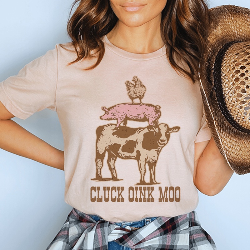 Cluck Oink Moo Tee Heather Prism Peach S