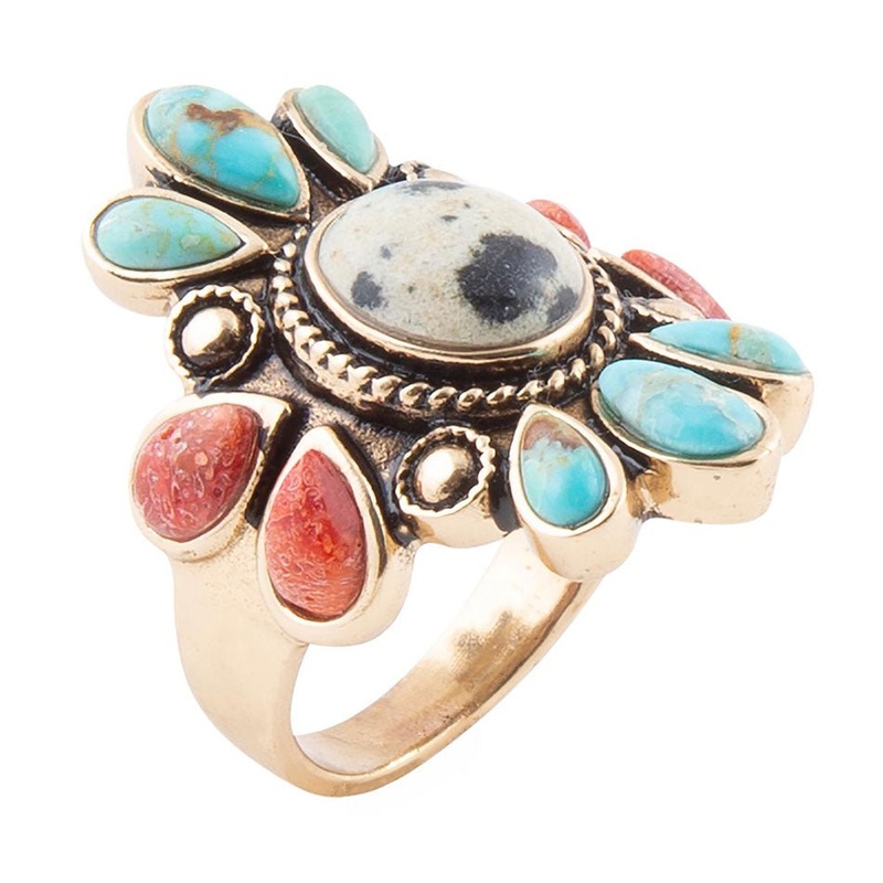 Dalmatian Jasper Multi Color Stone Golden Ring 7