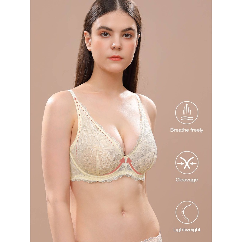 Sexy Unpadded Mesh Sheer Lace V Plunge Bra Nude 32B/70B