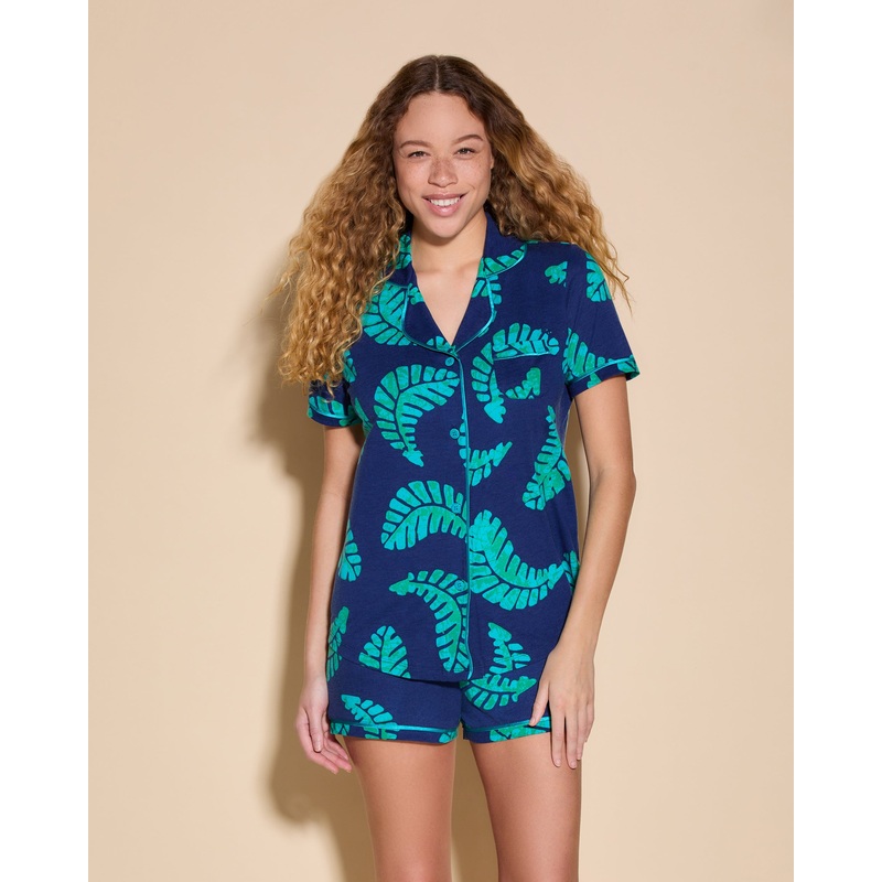 Short Sleeve Top & Boxer Pajama Set Leaf/Bright Teal XS