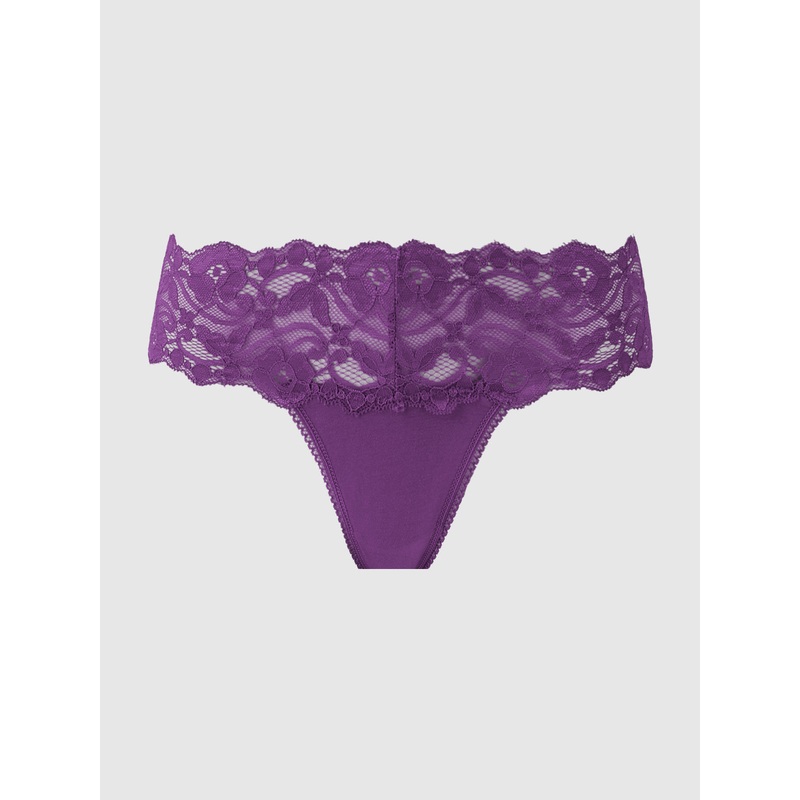 Stretch Cotton & Lace Thong Purple Magic S