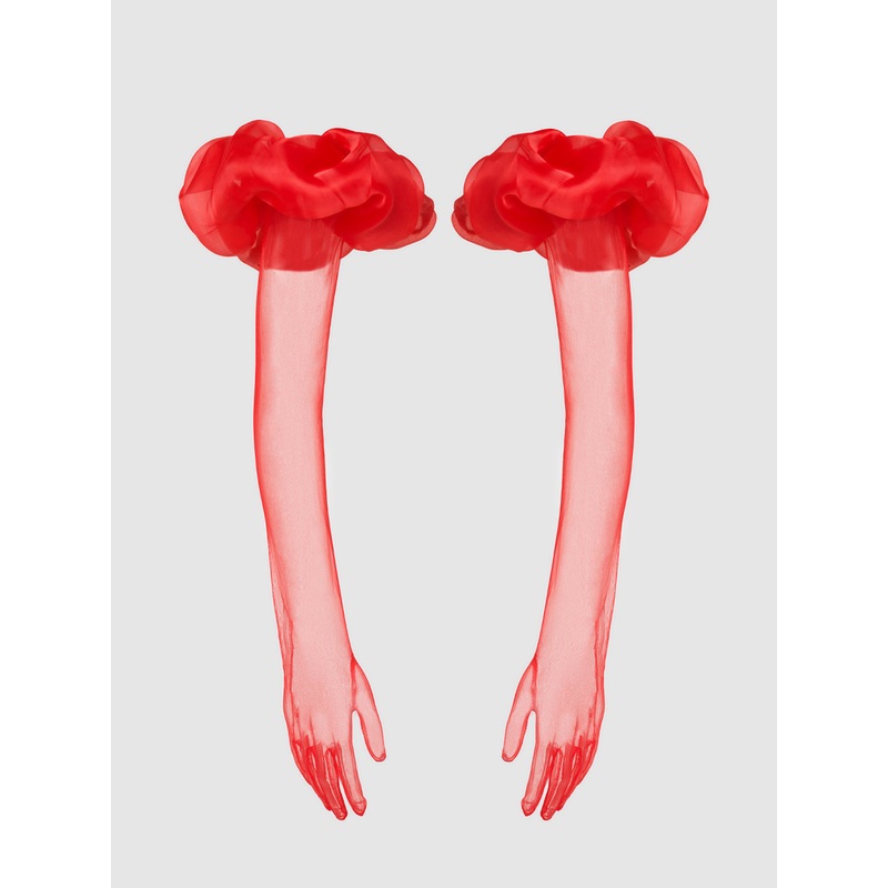 Chiffon Long Glove With Puff Crimson Red OS