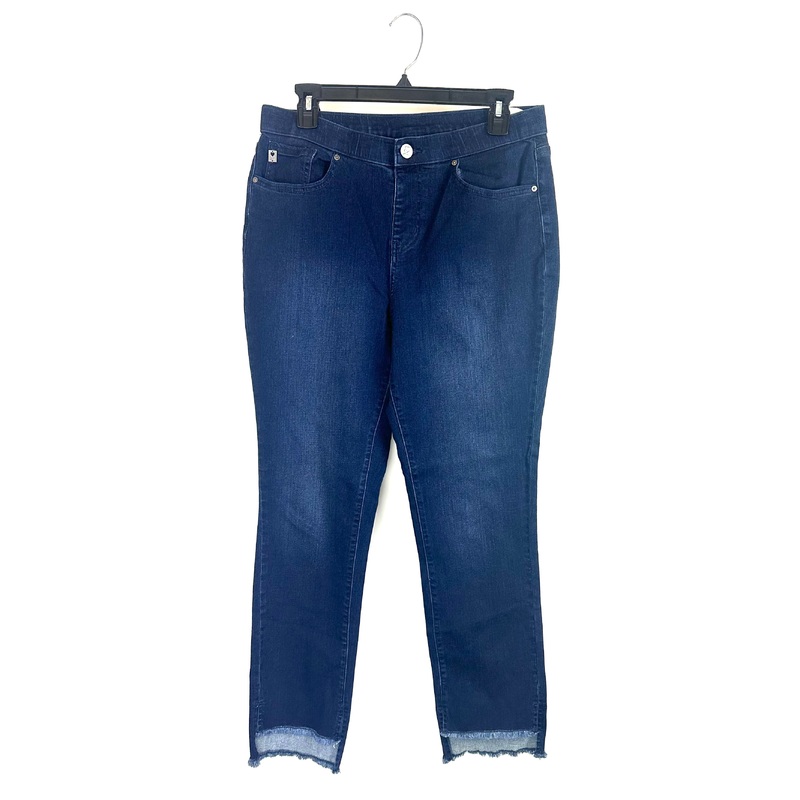 Midnight Blue Frayed Asymmetrical Hem Jeans – Size 12