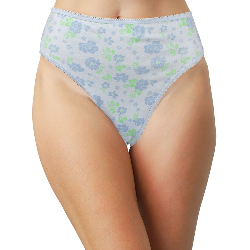 Printed Cotton High Waist Thong with Picot Trim XS White Print #1