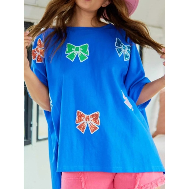 Sequin Bow Round Neck T-Shirt Blue S