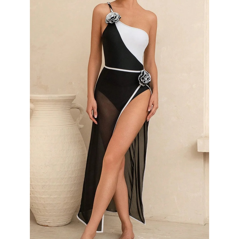 Contrast Single Shoulder One-Piece Swimwear and Cover-Up Swim Set Black/White S