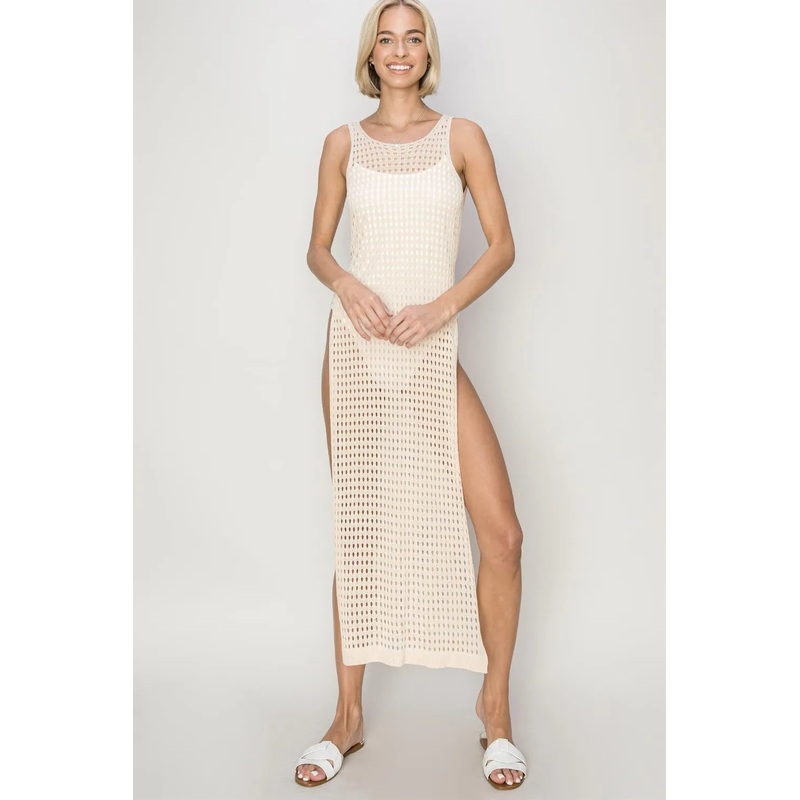 HYFVE Crochet Backless Cover Up Dress Beige S
